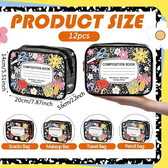 Suclain 12 Pcs Back to School Teacher Gift, Teacher Survival Kit Bag, Cute Composition Book Zipper Cosmetic Pouches, Transparent PVC Pencil Case Waterproof Toiletry Makeup Bag for School Supplies