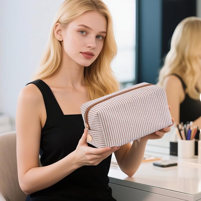 3PCS Makeup Bag Travel Toiletry Bag for Women, Small Cosmetic Bags Cute Brown Stripe Aesthetic Organizer Makeup Pouch for Purse Emergency Bag Pencil Case Accessory Bag