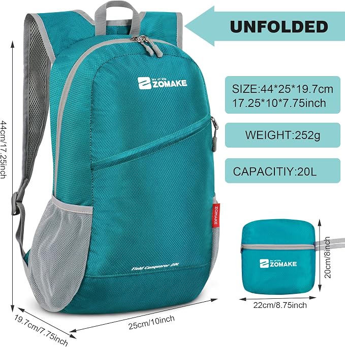 ZOMAKE Lightweight Packable Backpack 20L, Foldable Small Daypack for Hiking | Water Resistant Backpacks Day Bag for Travel Outdoor Camping Sport, Everyday Carry, Multi Compartment Storage(Lake Green)
