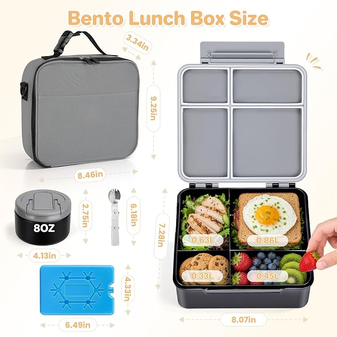 Bento Lunch Box with 8oz Soup Thermo,Kids Leakproof 4 Compartment Lunch Food Containers with Sauce Cup and Ice Pack,Kids Thermo Insulated Hot Food Jar and Lunch Bag for School,Trvael-Black