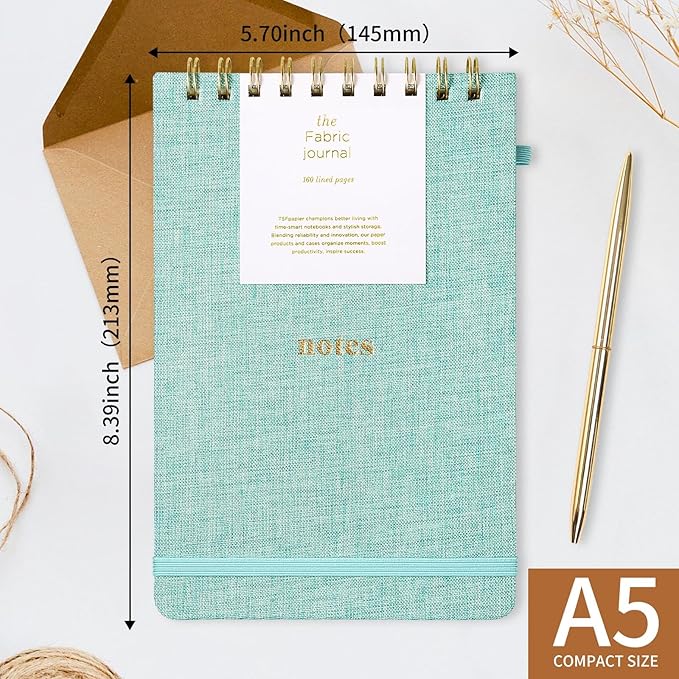 A5 Lined Journal Notebook – Hardcover Fabric Cover 160 Pages 100 GSM Thick Paper With Elastic Band & Pen Holder College Ruled Writing Notebooks for Work School Travel (1pack-Mint Blue-style C)