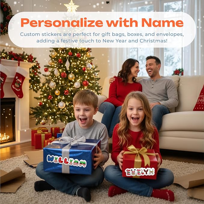 Custom Christmas Name Stickers – Holiday Name Decals for Cars, Laptops, Water Bottles, and More – Personalized Christmas Stickers for Gifts, Custom Name Holiday Sticker for Indoor & Outdoor Use