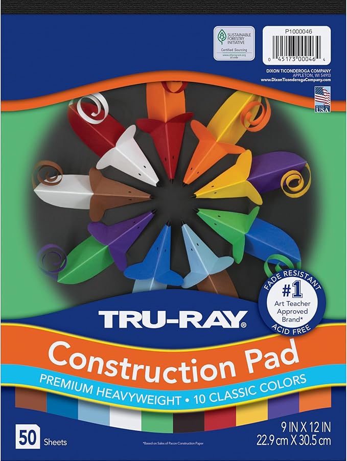 Tru-Ray Pacon 9-inch x 12-inch Construction Paper, Assorted Colors, 50 Sheets/Pack, /Pad (P1000046)