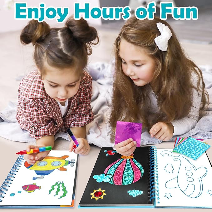 FUNNYB&G Foil Art Craft Kit for Boys 4-10 Years Old: Mess-Free & No-Glue, Create 16 Sparkly Vehicle Pictures – Perfect Travel Toy & Birthday Gift for Kids (Vehicle)
