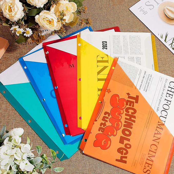 Maitys 5 Pack Binder Pockets 3 Hole Punch Clear Plastic Document Folders Binder Organizer Store Letter Size 8.5 x 11 Inch Paper Folders with Pockets Slash File Jacket for Office (Bright Colors)