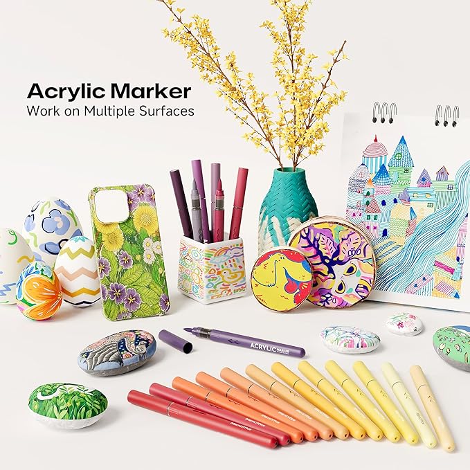 MemOffice Direct Liquid Acrylic Paint Markers, 24 Colors Brush Tip Pens with Carrying Case, No Bleed, Waterproof, for Rock, Wood, Canvas, Glass, Fabric, DIY Crafts for Adults