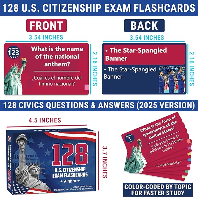 US Citizenship Flash Cards 2026, 128 USCIS Civics Test Questions and Answers, Bilingual English and Spanish Study Guide, Tarjetas de Ciudadania 2026, Preguntas para La Ciudadania 2026