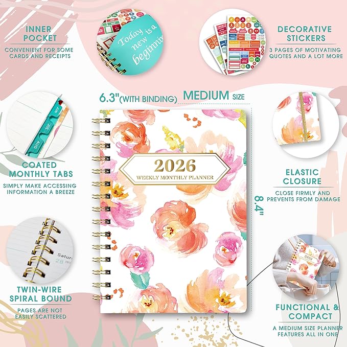 Ymumuda 2026 Planner, Daily Weekly and Monthly Planner，Jan 2026 - Dec 2026, 8.4" x 6.3", 2026 Calendar Planner Book with Tabs, Spiral Notebook with Inner Pocket for Office Home School Supplies
