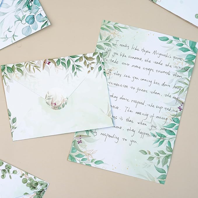 160-Piece Eucalyptus Stationery Envelopes Set – 50 Writing Papers, 50 Envelopes, 60 Sealing Stickers – Greenery Botanical Letter Writing Kit for Invitations, Business, Wedding