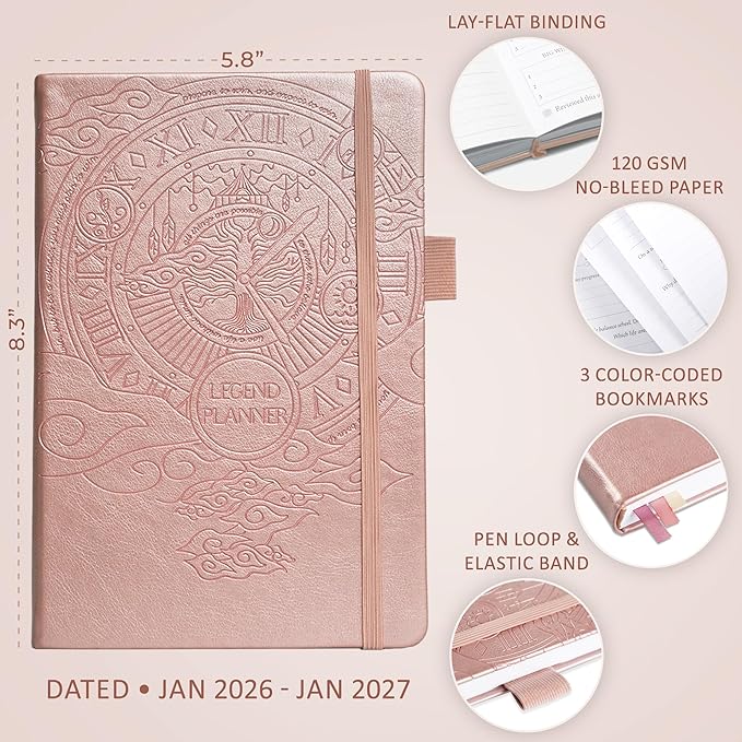 Legend Planner Jan 2026 – Jan 2027 Dated Weekly & Monthly Planner to Hit Your Goals, Increase Productivity & Live Happier. Organizer Notebook & Productivity Journal. A5 Hardcover (Rose Gold)