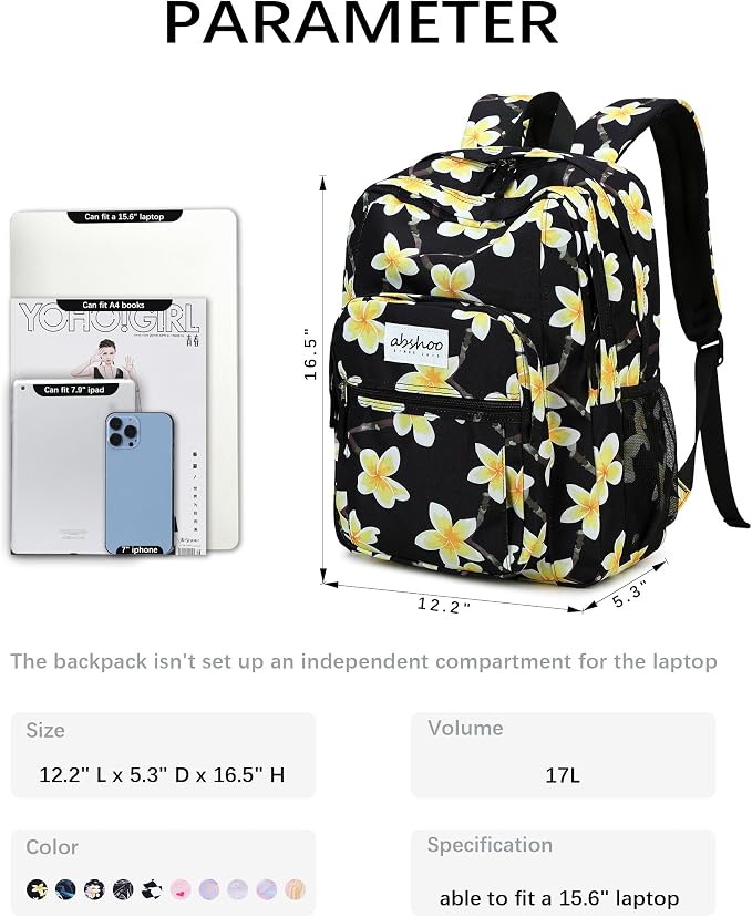 abshoo Classical Basic Floral Womens School Backpack For College Teen Girls Water Resistant Bookbag (Floral Black D)