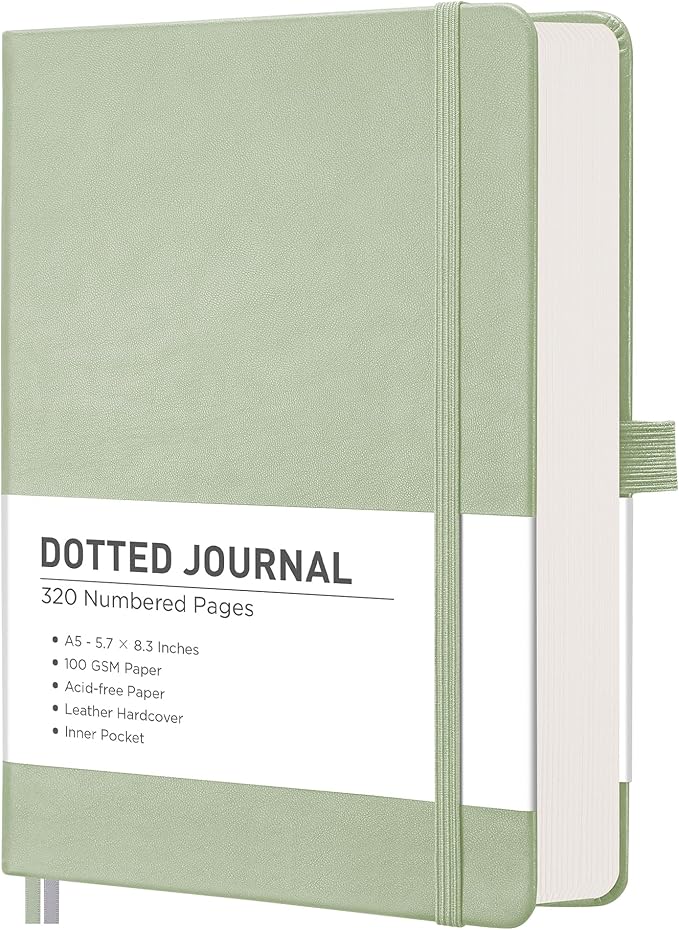 RETTACY Dotted Journal Notebook, 320 Numbered Pages, A5 Medium Size (5.7'' × 8.3''), Leather Hardcover, 100 GSM Thick Paper, for Journaling, Planning, Tracking (Light Green)