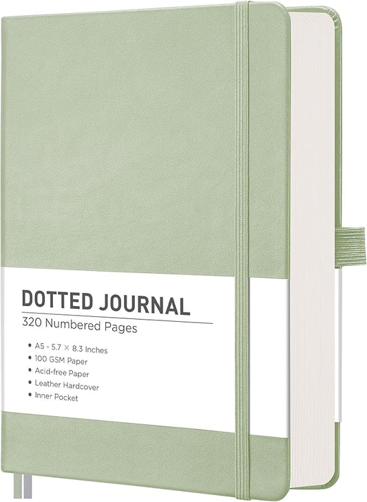RETTACY Dotted Journal Notebook, 320 Numbered Pages, A5 Medium Size (5.7'' × 8.3''), Leather Hardcover, 100 GSM Thick Paper, for Journaling, Planning, Tracking (Light Green)