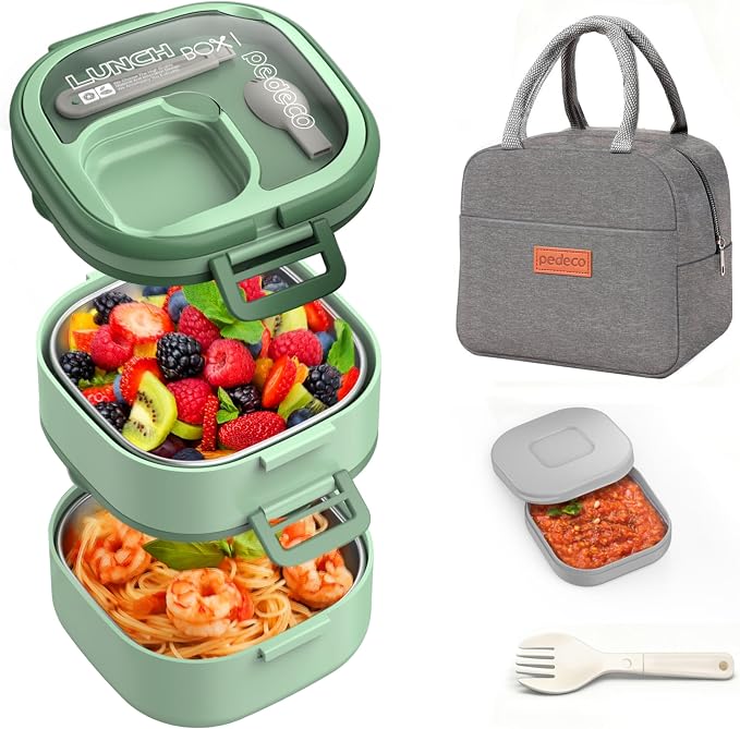 PEDECO Luch Box Set Stackable Stainless Steel Bento Box with Insulated bag,Leak-Proof,2-Tier Bento box,Lunch Box With Portable Sauce Pod and Cutlery-for Kids/Toddler,Dishwasher Safe,Green
