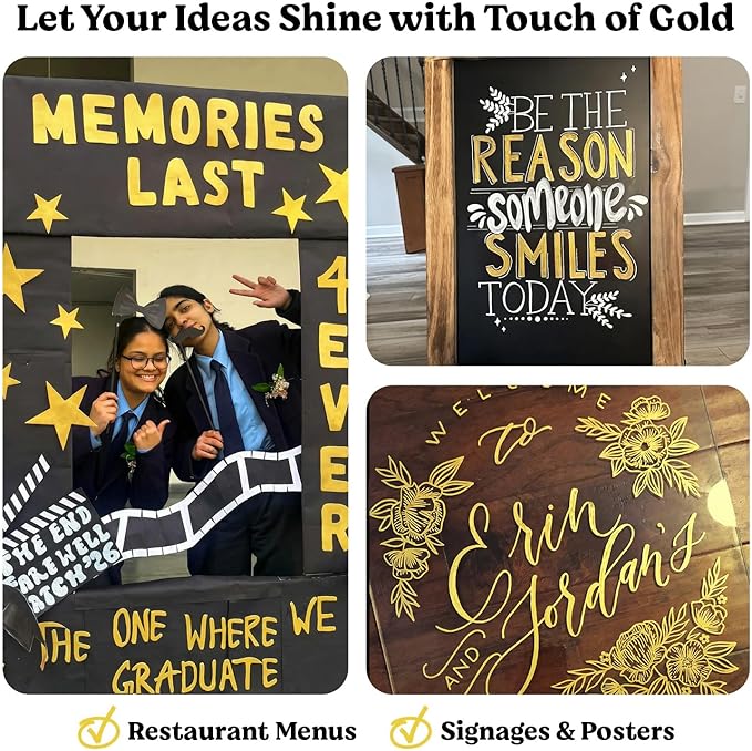 Chalkola 6 Gold Chalk Markers - Dual tip, Fine & Jumbo Tip (1mm, 3mm, 5mm, 15mm) | Erasable Liquid Chalk Pens for Blackboard, Chalkboard Signs, Car Window, Bistro, Glass | Washable Chalkboard Markers