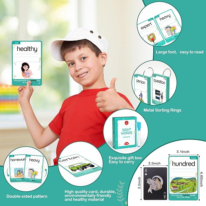 WJPC 55pcs Cards, 106Pictures High Frequency Sight Words Flash Cards 2nd, 3rd Grade (Third-Grade) for 7,8,9,10,11 Years Age Kids Homeschool Learn to Read, Write,Association, Sentence Making