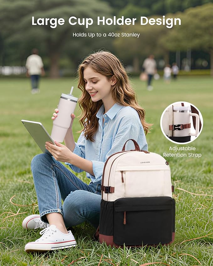 LOVEVOOK Laptop Backpack for Women with Giant Tumbler Holder,18 Inch Laptop Computer Bag Travel Backpack Purse,Waterproof Work Business Backpack College Bookbag Teacher Bags,Beige-Black-Brown