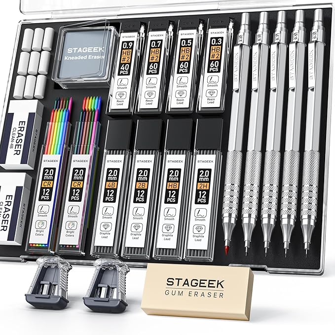 STAGEEK 21PCS Metal Mechanical Pencil Set, Art Lead Pencil 0.3, 0.5, 0.7, 0.9, 2mm Holder(HB 2H 2B 4B Color) with 10 Tubes Graphite Lead Refills Eraser with Case for Drafting Drawing Sketching