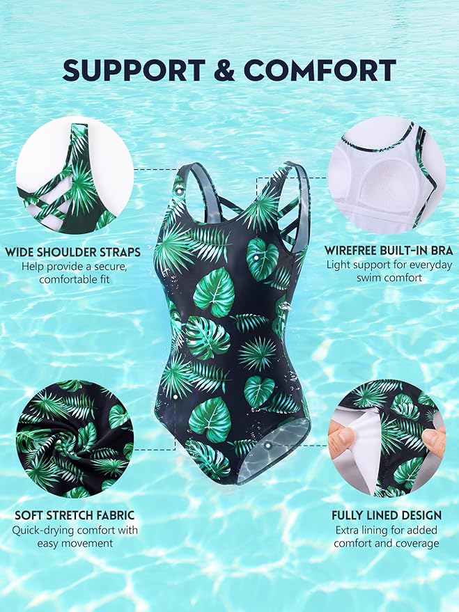 Modest Full Coverage One Piece Swimsuit Floral Bathing Suit Criss Cross Back Swimwear with Built-in Bra