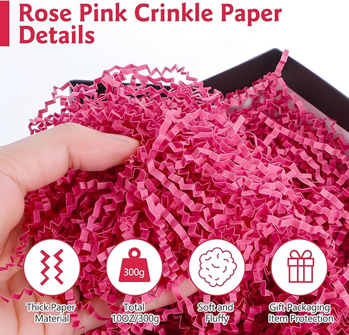 woric 10.6oz(300g) Crinkle Cut Paper Shred Filler, Pink Crinkle Paper Filler Stuffing for Gift Wrapping Basket Box Filling Mother's Day Wedding Birthday