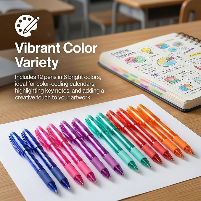Volcanics Erasable Gel Pens, 0.7mm Fine Point Gel Erasable Ink Pens - Compatible with Rocketbook, 12 Pack, Smooth Writing Pens Pencil-Like Precision for for Office, Journaling, Note Taking & Planning