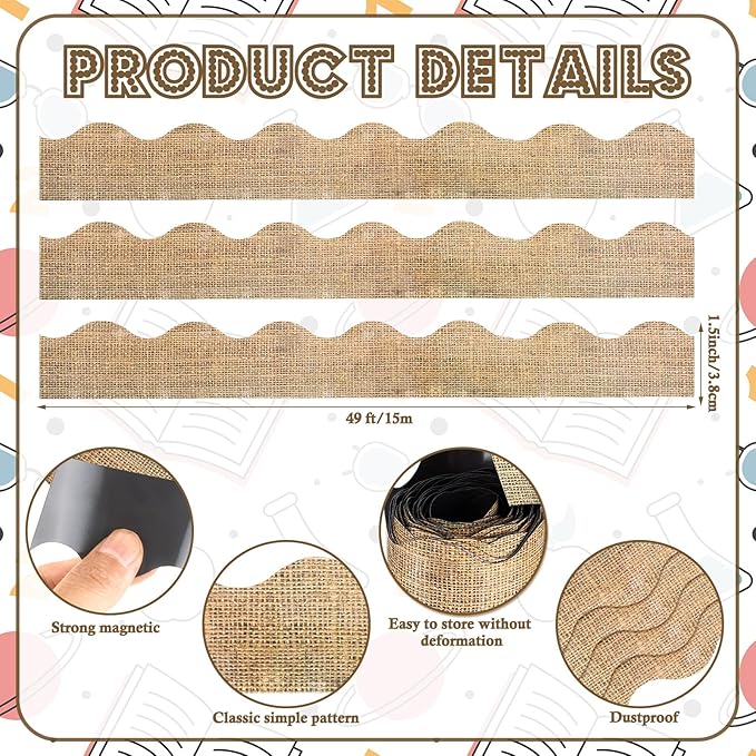 Fuyoooo 49 ft Burlap Magnetic Borders for Classroom Bulletin Board Borders Natural Magnetic Whiteboard Classroom Strips Reusable Rolled Wall Trim for School Teacher Offices Chalkboard