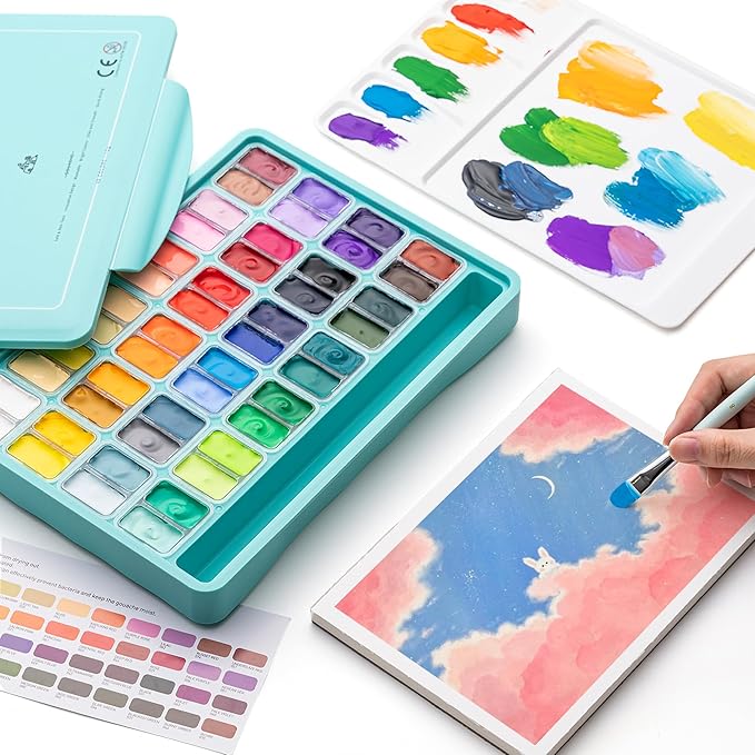 HIMI Twin Cup Jelly Gouache Paint Set with 3 Paint Brushes, 48 Colors 12g, Jelly Cup Design, Non Toxic Paint for Canvas and Paper, Art Supplies for Professionals (Green Case)