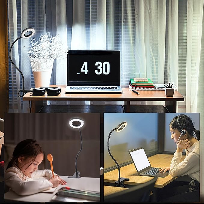 Woputne Desk Clip on Lamp for Reading Home Office, with 5V 2A Adapter, 10 Dimmable Brightness 3 Modes, Clamp Reading Light for Bed Headboard, Craft (Black)…