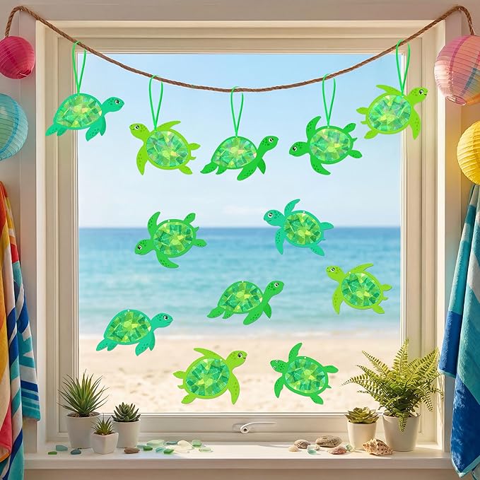 Renbuzhu 48PCS Summer Crafts: Paper Sea Turtle Suncatchers DIY Kits, Ocean Beach Party Favors Window Stained Glass Effect Art Supplies Decorations