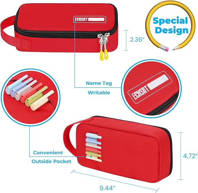 ECHSRT Large Capacity Pencil Case with Hidden Pocket, 1200D Oxford Fabric Zipper Pencil Pouch with Handle, Multi-Pocket Stationery Organizer for Office, College, Travel and Daily Carry - Red
