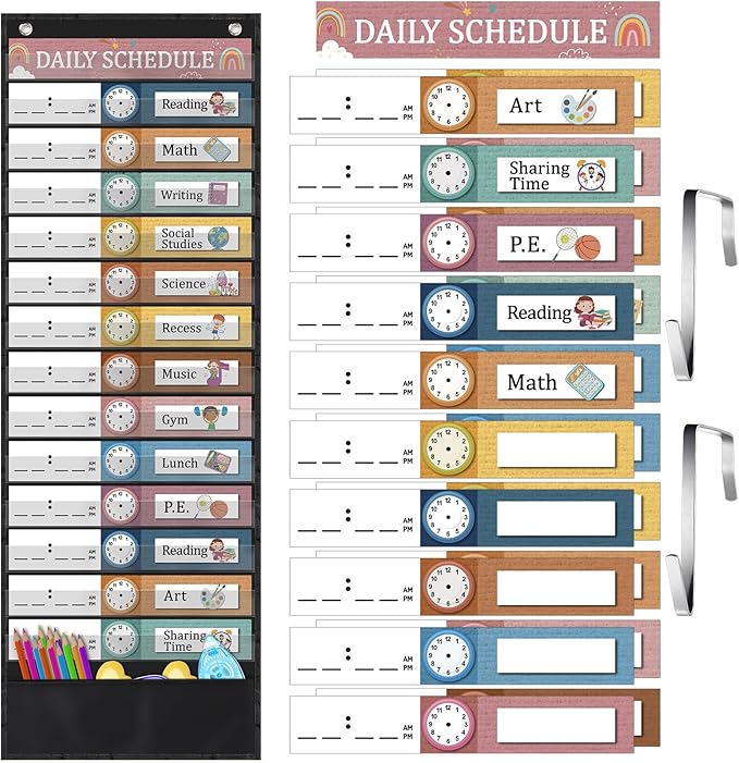 Chiisong Daily Schedule Pocket Chart, Boho 14+1 Pocket, with 40 Pcs Reusable Dry Eraser Cards Calendar for Classroom Toddler Schedule Chart Office Home Activity(Bohemian Style)