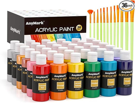 AnyMark Acrylic Paint Set, 36 Classic Colors with 12 Brushes, 2 fl oz/60ml Bottles, Art kit Painting Supplies for Kids Adults Canvas, Rock, Wood