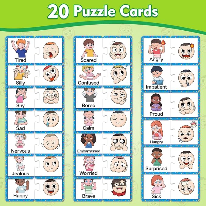 Kasfalci Feelings & Emotions Puzzle Cards,Feelings Chart Toys for Kids,Social Emotional Learning Activities,Speech Therapy Games,ADHD,Autism Learning Materials,Calm Down Corner Supplies for Classroom