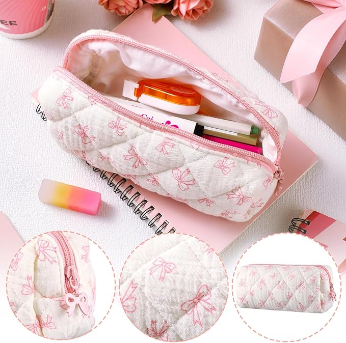 Sherr Coquette Bow Pencil Case Pink Bow Cute Pencil Pouch Soft Cotton Storage Bag Aesthetic Pattern Gift Makeup Pouch Cosmetic Bag for Women