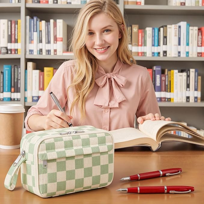 WOBAGMEN Cute Pencil Case,Large Corduroy Zippered Pencil Case Pouch, Aesthetic Pencil Bag with Compartments, Pencil Pouch School Supplies (Green checked)