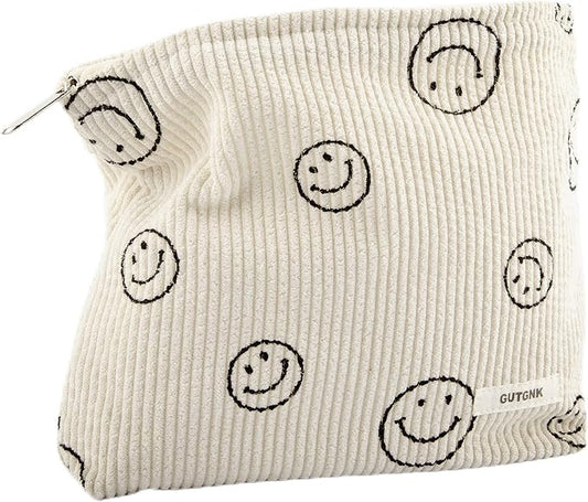 Makeup Bag For Women - Corduroy Cosmetic Bags Aesthetic Design Ladies Tote pouch Women's Pencil Case,Cute Smiley Face Makeup Organizer with Zipper (Beige)