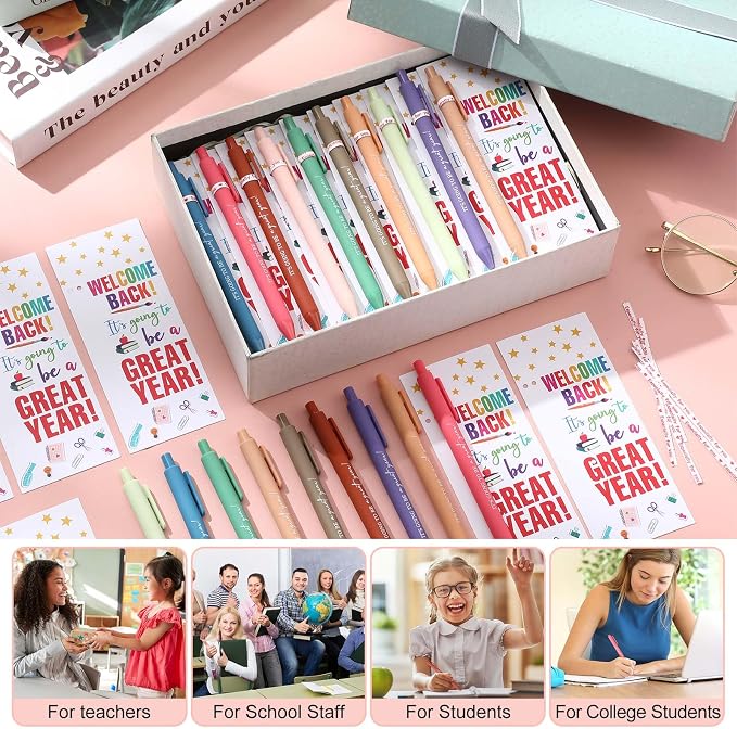 MotiMind 50 Set Welcome Back To School Supplies Gift Bulk Include Greeting Card with Tie and Inspirational Ballpoint Pen First Day of School Gift for Student Classmate Teacher Classroom (Cute Color)