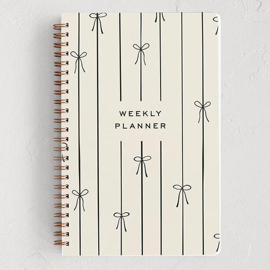 Minted Black Lines of Bows 2026 Weekly & Monthly Undated Planner, 5.5" x 8.5" Minimalist Spiral Bound Planner Notebook, 132 Pages, Modern Undated Calendar Organizer