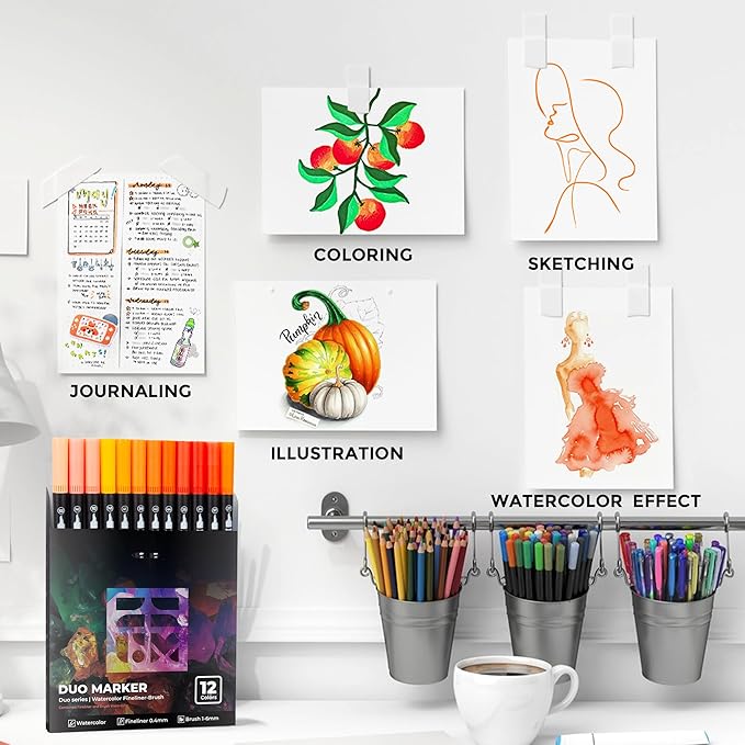 ZSCM Orange Duo Tip Marker Pens, 12 Pack Fine & Brush Markers for Adult Coloring Books No Bleeding, Sunset Orange Markers for Autumn Scenes, Citrus Fruits, Vibrant Fills and Energetic Artworks