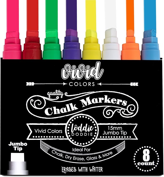 Loddie Doddie Jumbo Chalkboard Markers - 8 Pack, Multicolor, 15 mm Chisel Tip - Easy Erase Smudge Proof Chalk Markers - Bold Bright Colors For Chalk Art - Versatile Dry Erase Pens for Glass