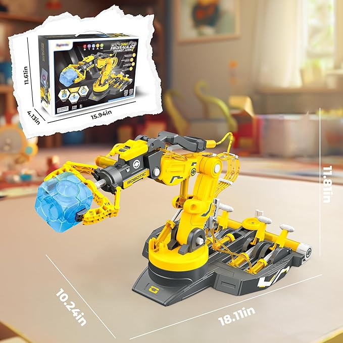 SMIESSKIDDO 3 in 1 Hydraulic Robot Arm - 220 Pcs STEM Building Toys with 4-Jaw Grab, Suction & Tongs for Kids 8-12 | No Batteries Needed Engineering Gift for Boys & Girls Ages 9 10 11 - Yellow