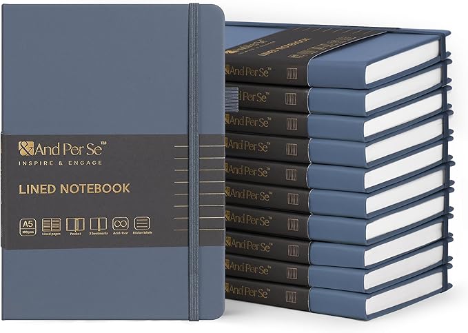 &And Per Se 10-Pack Lined Notebooks, A5 Hardcover, 160 Pages 100gsm Thick Paper, Office Supply Bulk Order, Corporate New Hire Kits, Breakroom Essentials – College Ruled, 10 Units (Dark Blue)