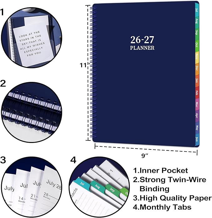 Academic Planner 2026-2027- 2026-2027 planner weekly and monthly, Jul.2026-Jun.2027, 9"×11", Planner 26-27 Weekly and Monthly Planner with Inner Pocket, Colorful Tabs, Twin-wire Binding - Navy