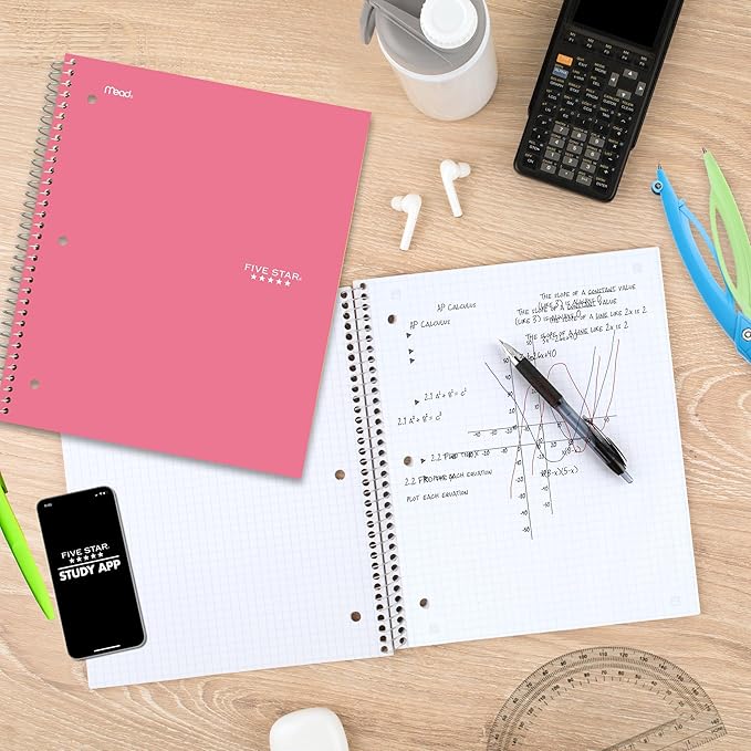 Five Star Spiral Notebook + Study App, 1 Subject, Graph Ruled Paper, 8-1/2" x 11", 100 Sheets, Prom Pink (620000R)