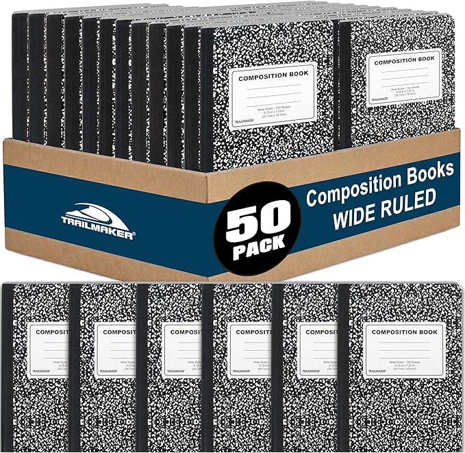 Trail maker (50 Pack Bulk Composition Notebooks, Wide Ruled Marble Cover, 200 Pages (100 Sheets), 9.75 x 7.5, Bulk School Supplies for Classroom, Office & School Donations