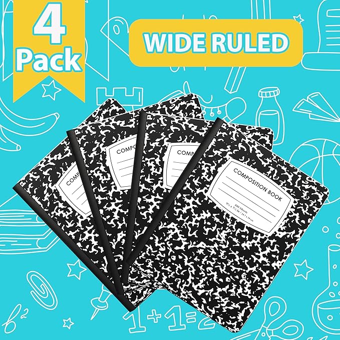 ENVO Composition Notebooks, Wide Ruled Composition Notebook, Black Marble Covers Composition Notebook, 100 sheets (4 Pack, Wide Ruled)