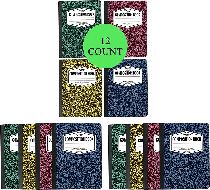 three leaf 100 SHEETS WIDE RULED 9-3/4" x 7-1/2" COLOR COMPOSITION NOTEBOOK, PACK OF 12, WRITING JOURNAL NOTEBOOK, HOME SCHOOL SUPPLIES FOR COLLEGE STUDENTS.