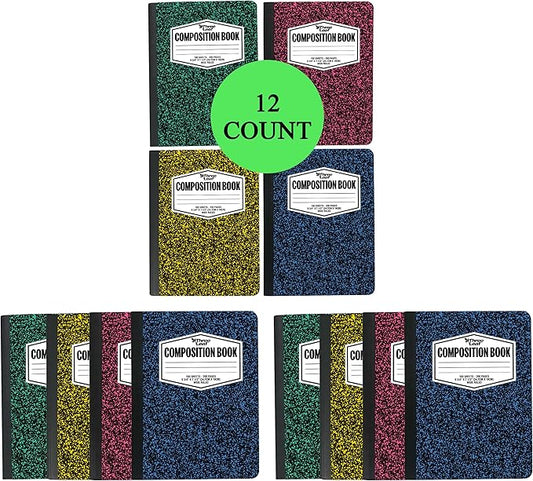 three leaf 100 SHEETS WIDE RULED 9-3/4" x 7-1/2" COLOR COMPOSITION NOTEBOOK, PACK OF 12, WRITING JOURNAL NOTEBOOK, HOME SCHOOL SUPPLIES FOR COLLEGE STUDENTS.