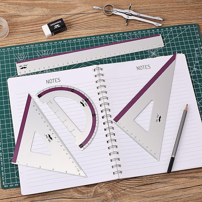 Mr. Pen- Metal Geometry Kit, 4 Pack, 45° & 30°/60° Set Squares, 6" Protractor & 12" Ruler, Durable Metal Drafting Tools for Technical Drawing, Math, Engineering & Architecture