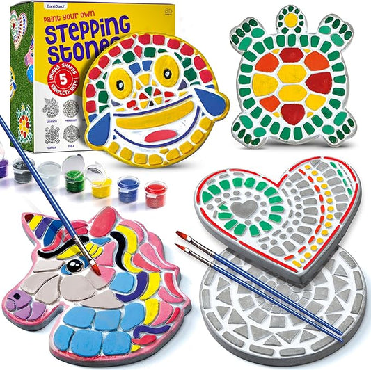 Dan&Darci Stepping Stones Painting Kit for Kids, 5 Paint Your Own Garden Stones with Paints and Brushes, Crafts for Kids Ages 6-8